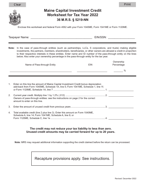 Maine Capital Investment Credit Worksheet - Maine Download Pdf