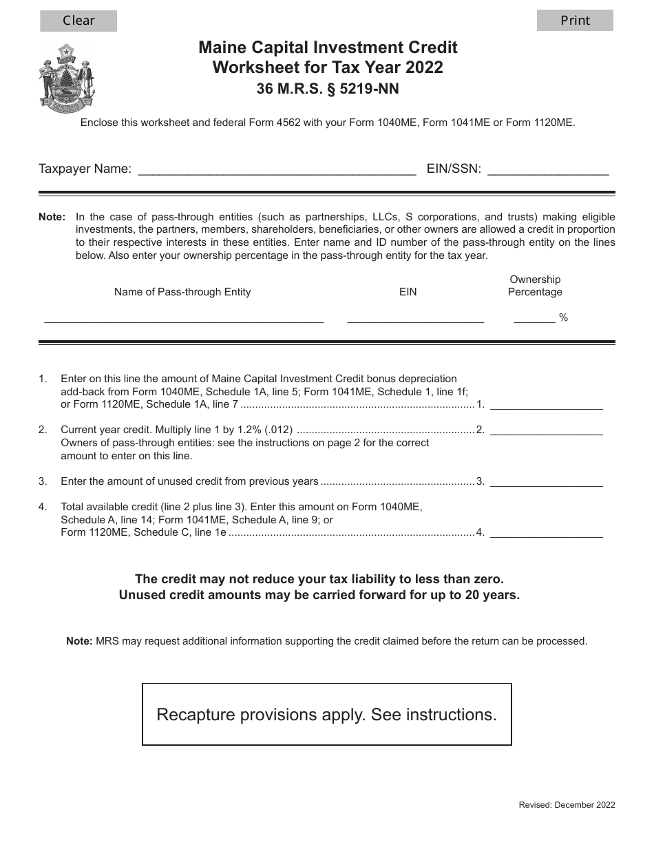 Maine Capital Investment Credit Worksheet - Maine, Page 1