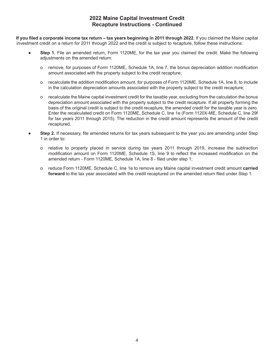 Maine Capital Investment Credit Worksheet - Maine, Page 4