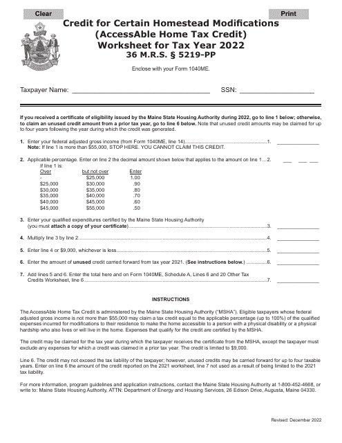 Credit for Certain Homestead Modifications (Accessable Home Tax Credit) Worksheet - Maine Download Pdf