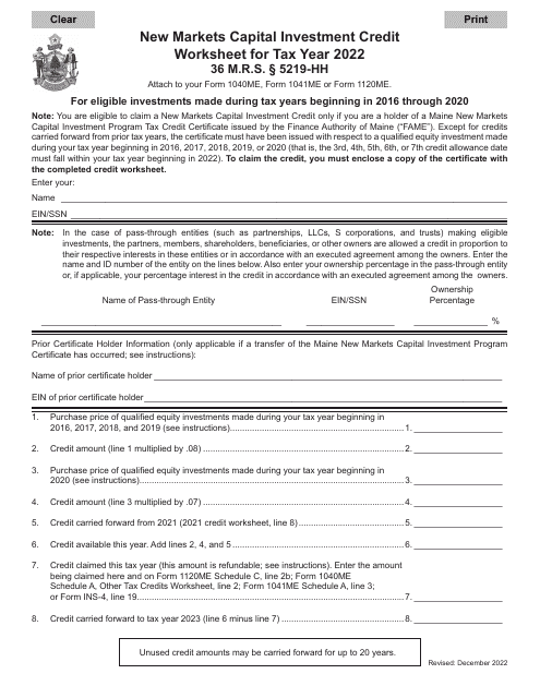 New Markets Capital Investment Credit Worksheet - Maine Download Pdf