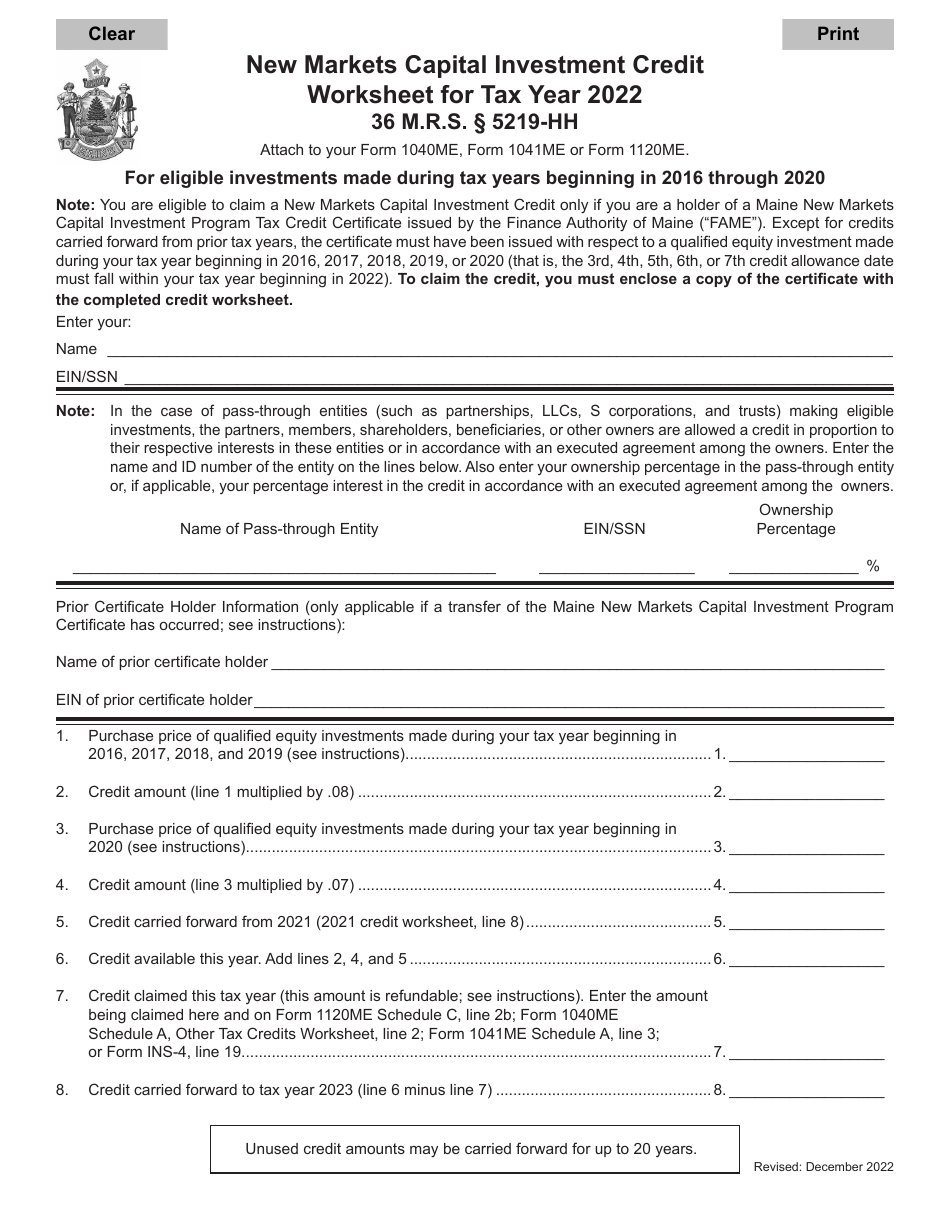 New Markets Capital Investment Credit Worksheet - Maine, Page 1