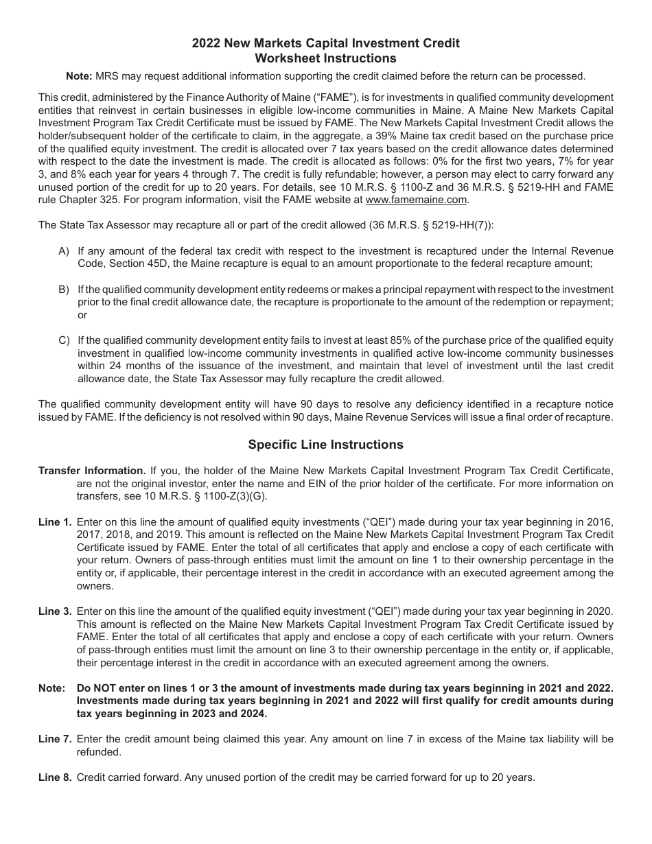 New Markets Capital Investment Credit Worksheet - Maine, Page 2