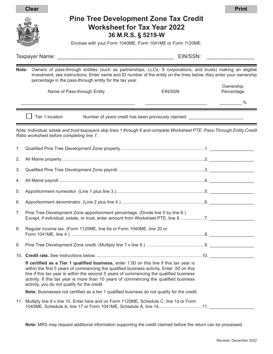 Pine Tree Development Zone Tax Credit Worksheet - Maine, Page 1