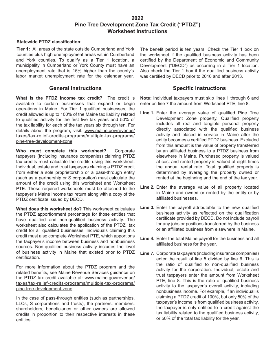 Pine Tree Development Zone Tax Credit Worksheet - Maine, Page 2