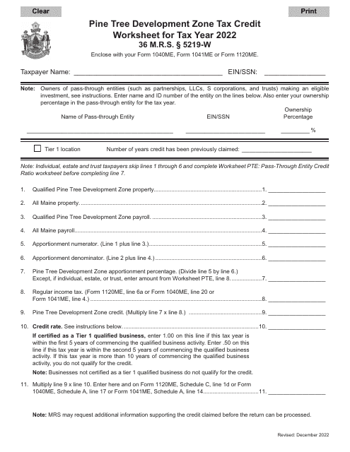 Pine Tree Development Zone Tax Credit Worksheet - Maine Download Pdf