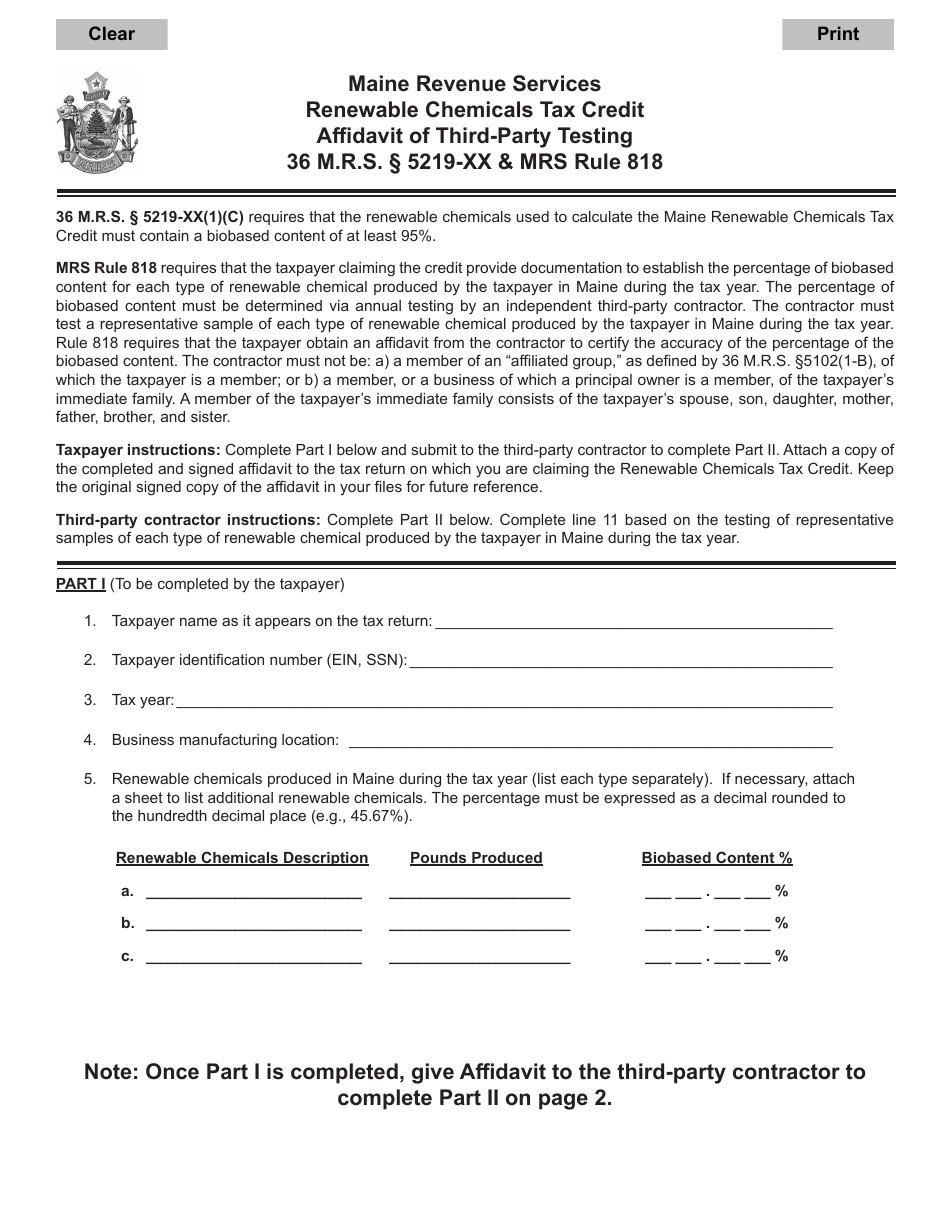 Renewable Chemicals Tax Credit Affidavit of Third-Party Testing - Maine, Page 1