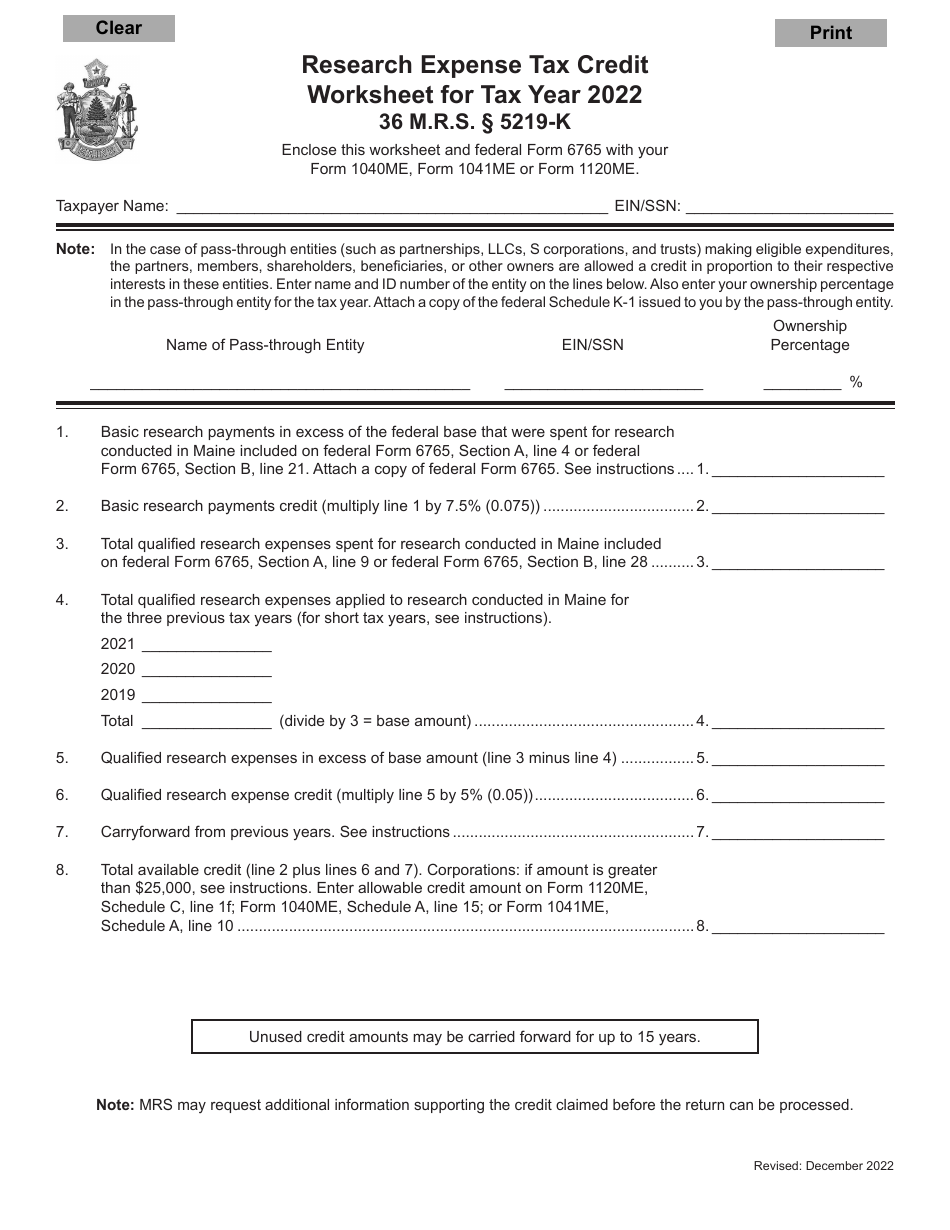 Research Expense Tax Credit Worksheet - Maine, Page 1