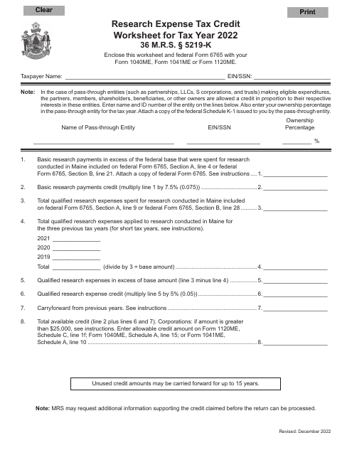 Research Expense Tax Credit Worksheet - Maine Download Pdf