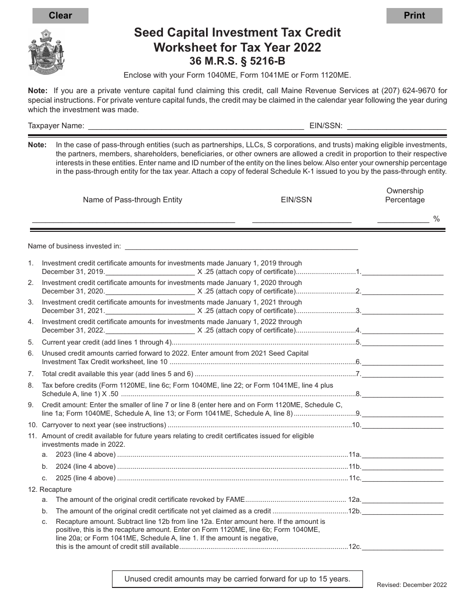 Seed Capital Investment Tax Credit Worksheet - Maine, Page 1