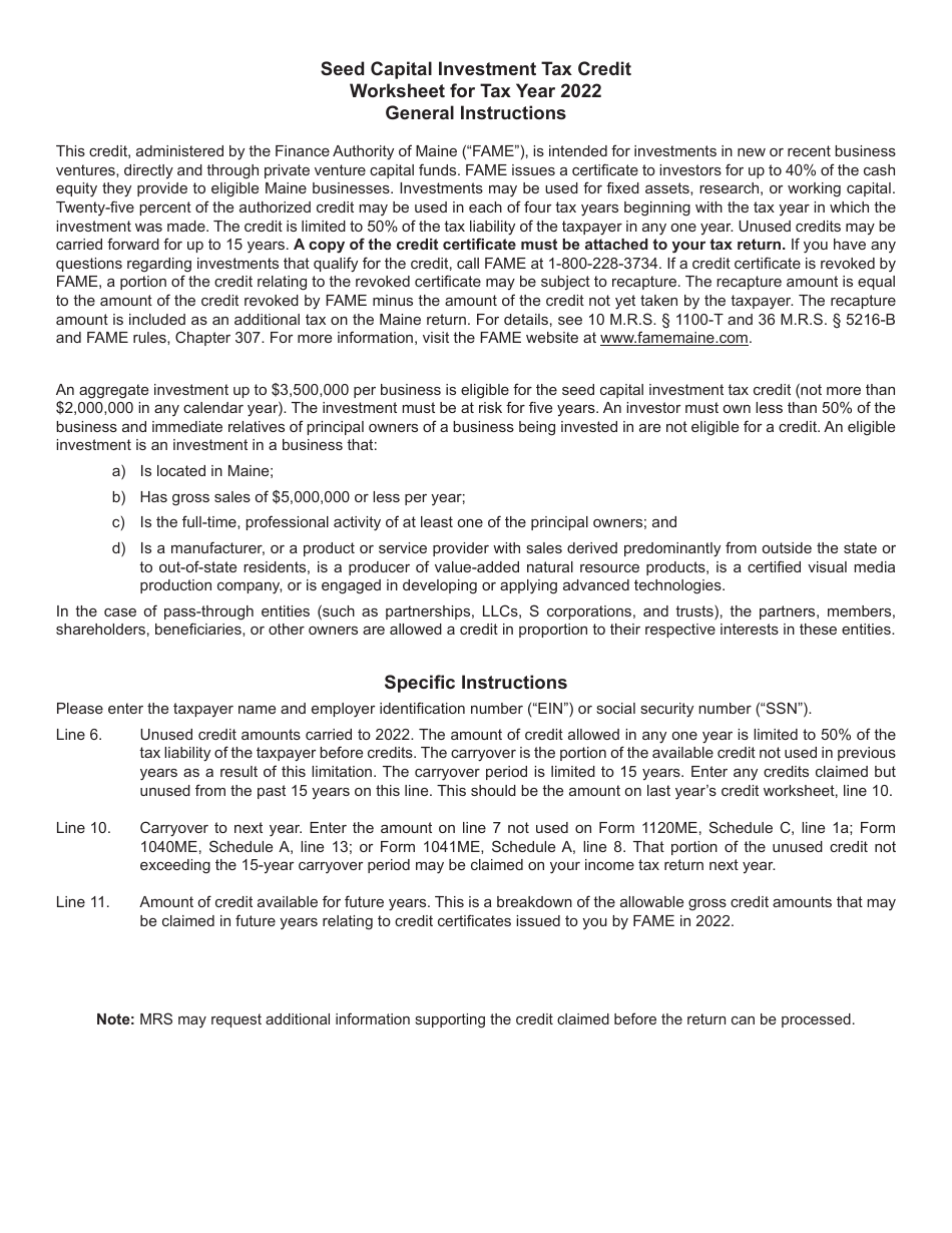 Seed Capital Investment Tax Credit Worksheet - Maine, Page 2