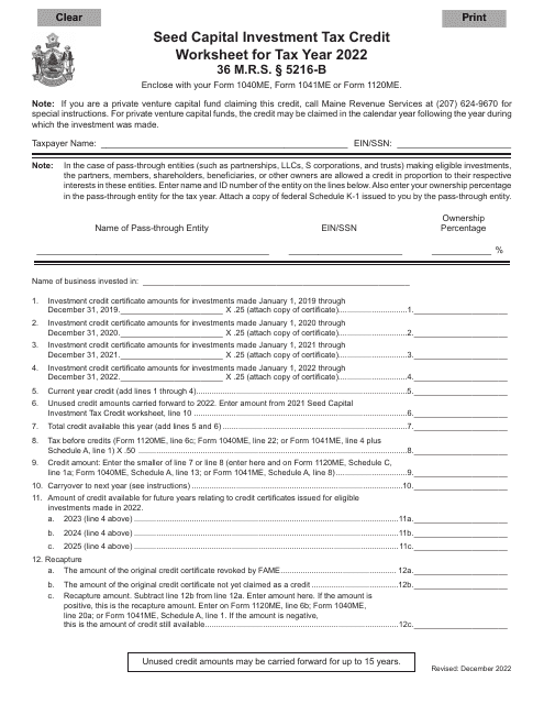 Seed Capital Investment Tax Credit Worksheet - Maine Download Pdf