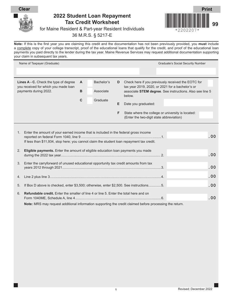 Student Loan Repayment Tax Credit Worksheet for Maine Resident  Part-Year Resident Individuals - Maine, Page 1