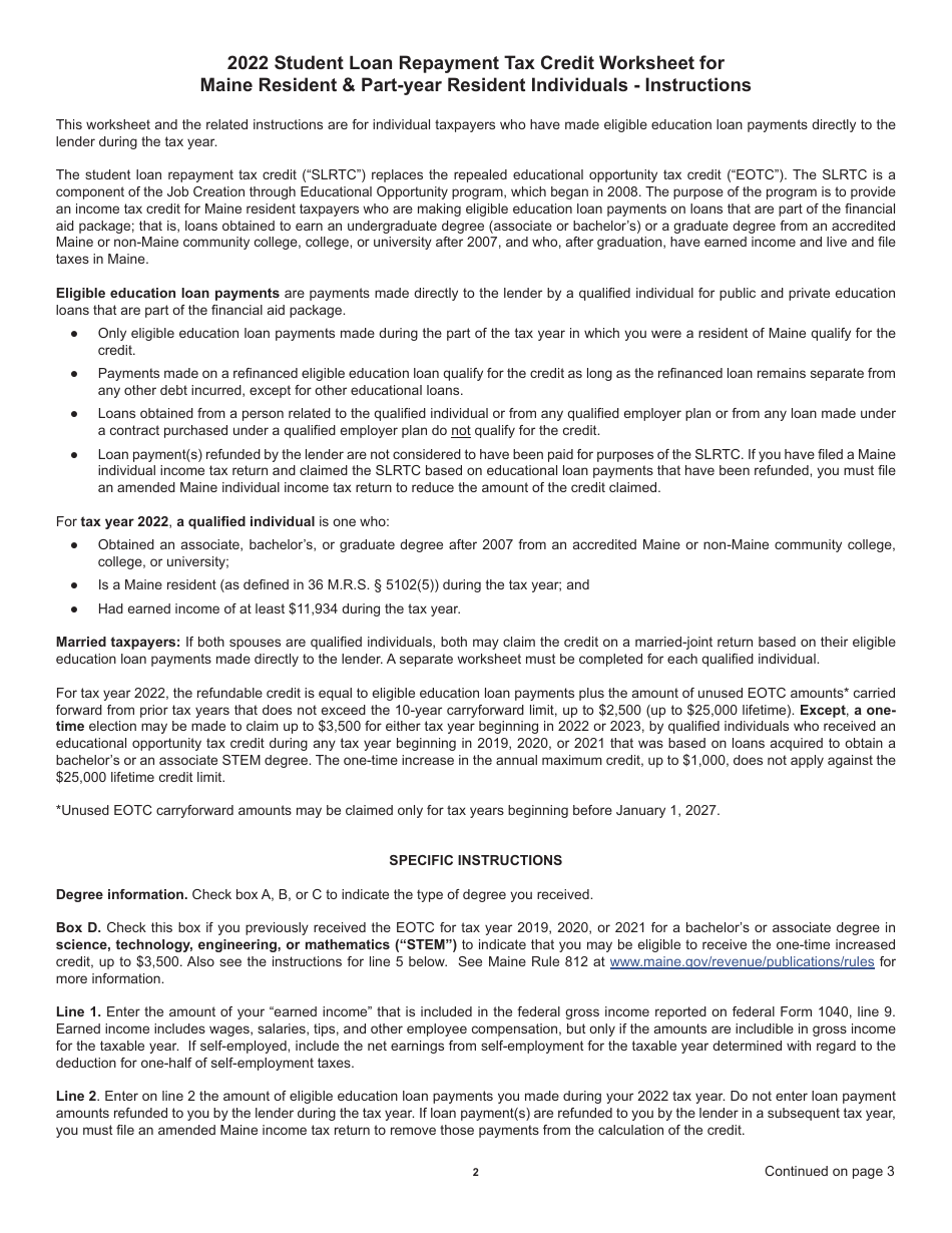Student Loan Repayment Tax Credit Worksheet for Maine Resident  Part-Year Resident Individuals - Maine, Page 2