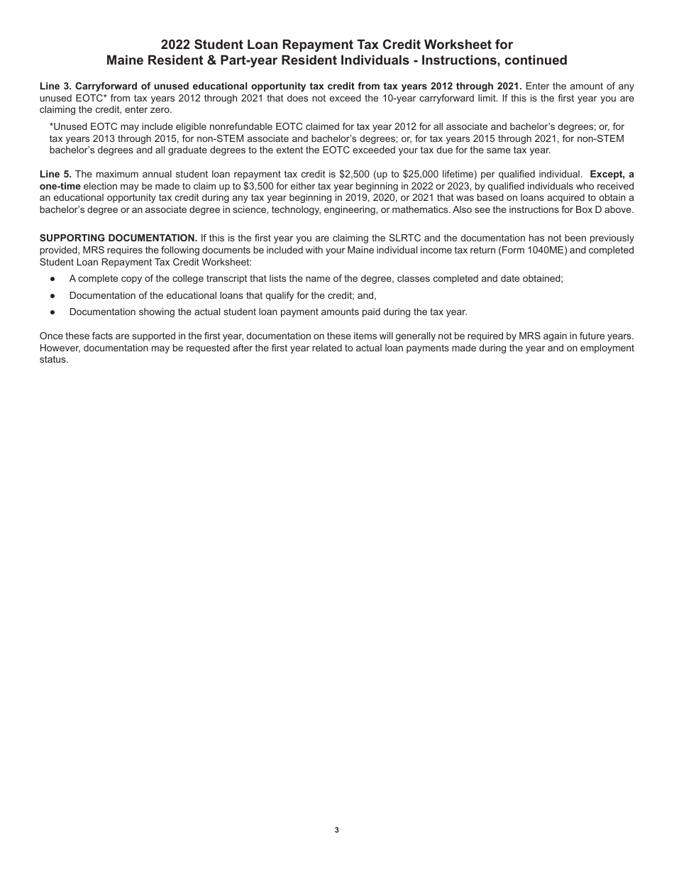 Student Loan Repayment Tax Credit Worksheet for Maine Resident  Part-Year Resident Individuals - Maine, Page 3