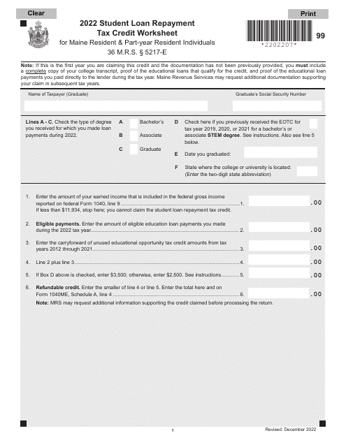 Student Loan Repayment Tax Credit Worksheet for Maine Resident & Part-Year Resident Individuals - Maine Download Pdf