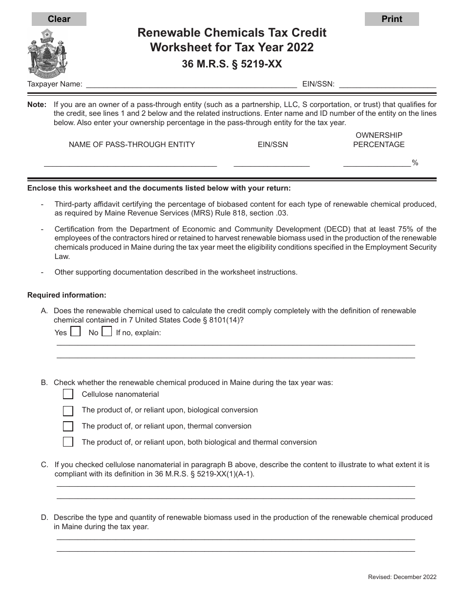 Renewable Chemicals Tax Credit Worksheet - Maine, Page 1