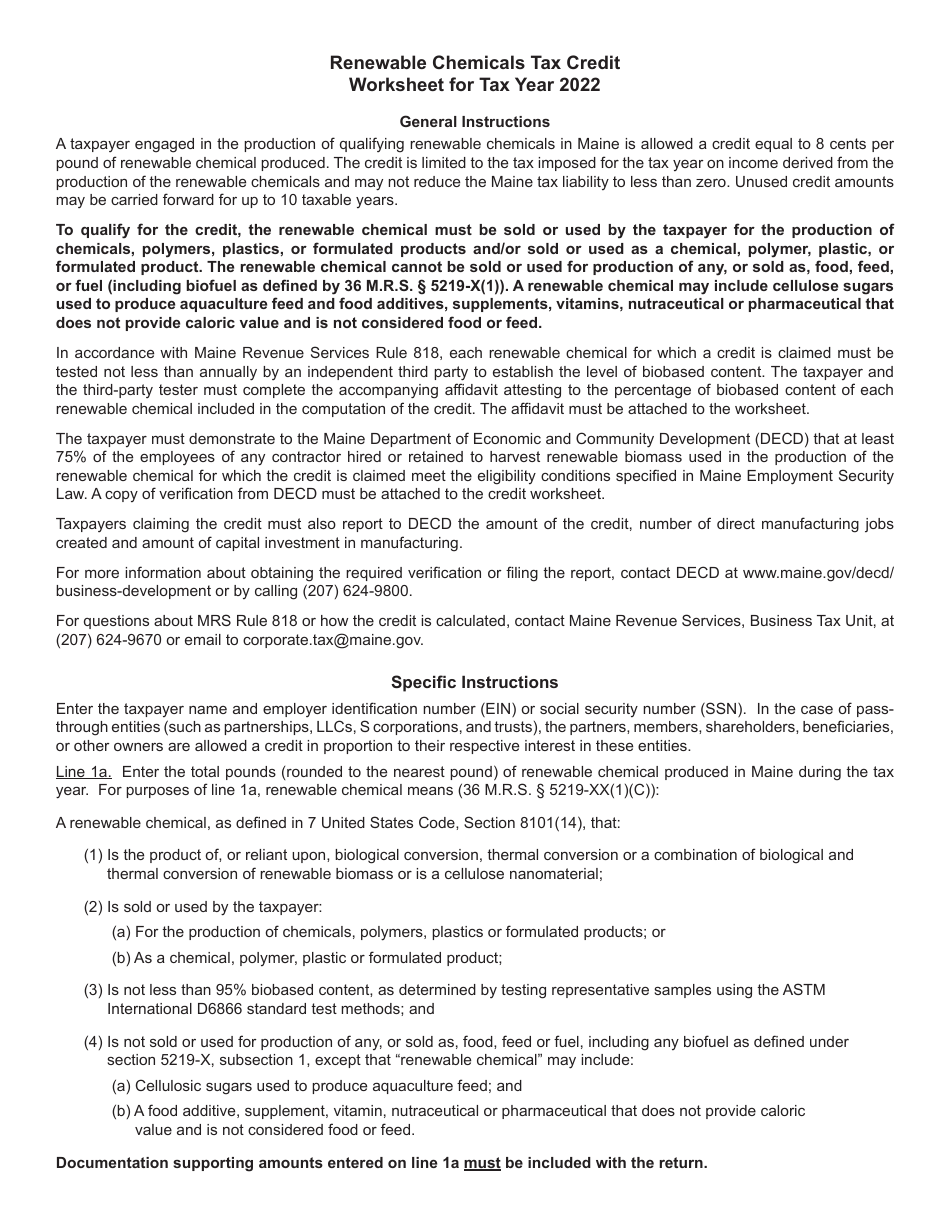 Renewable Chemicals Tax Credit Worksheet - Maine, Page 3