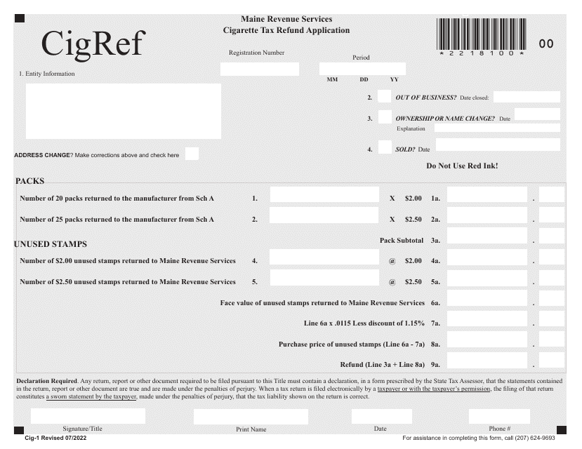 Form CIG-1 Cigarette Tax Refund Application - Maine