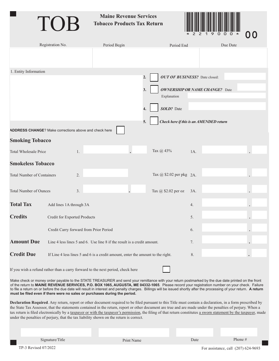 Form TP-3 Tobacco Products Tax Return - Maine, Page 1
