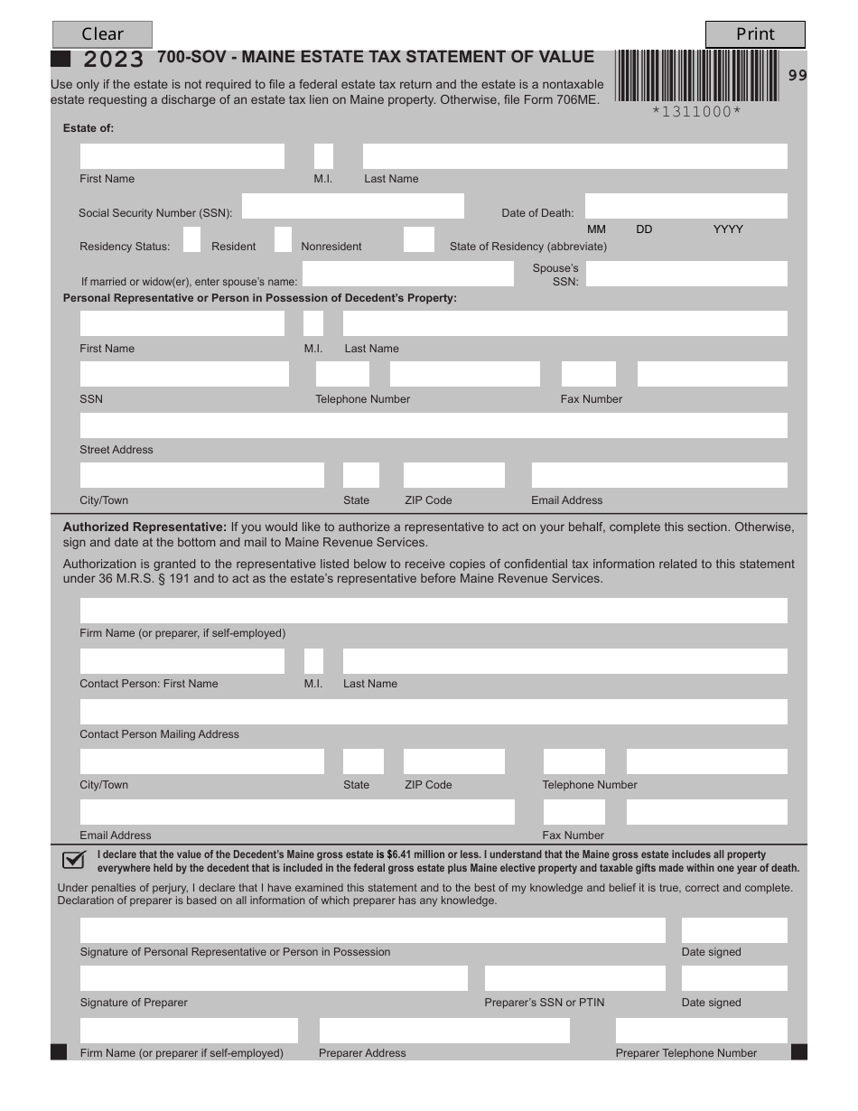 Form 700SOV Download Fillable PDF or Fill Online Maine Estate Tax