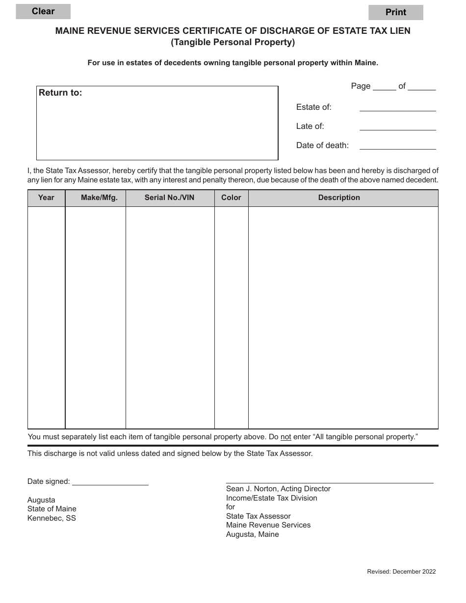 Certificate of Discharge of Estate Tax Lien (Tangible Personal Property) - Maine, Page 1