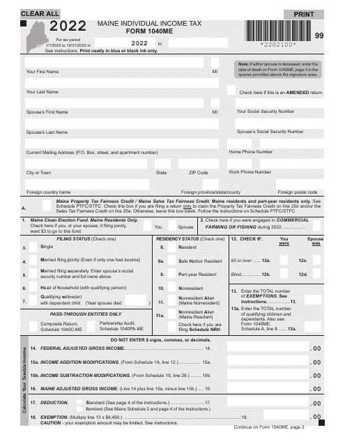 Form 1040ME 2022 Printable Pdf