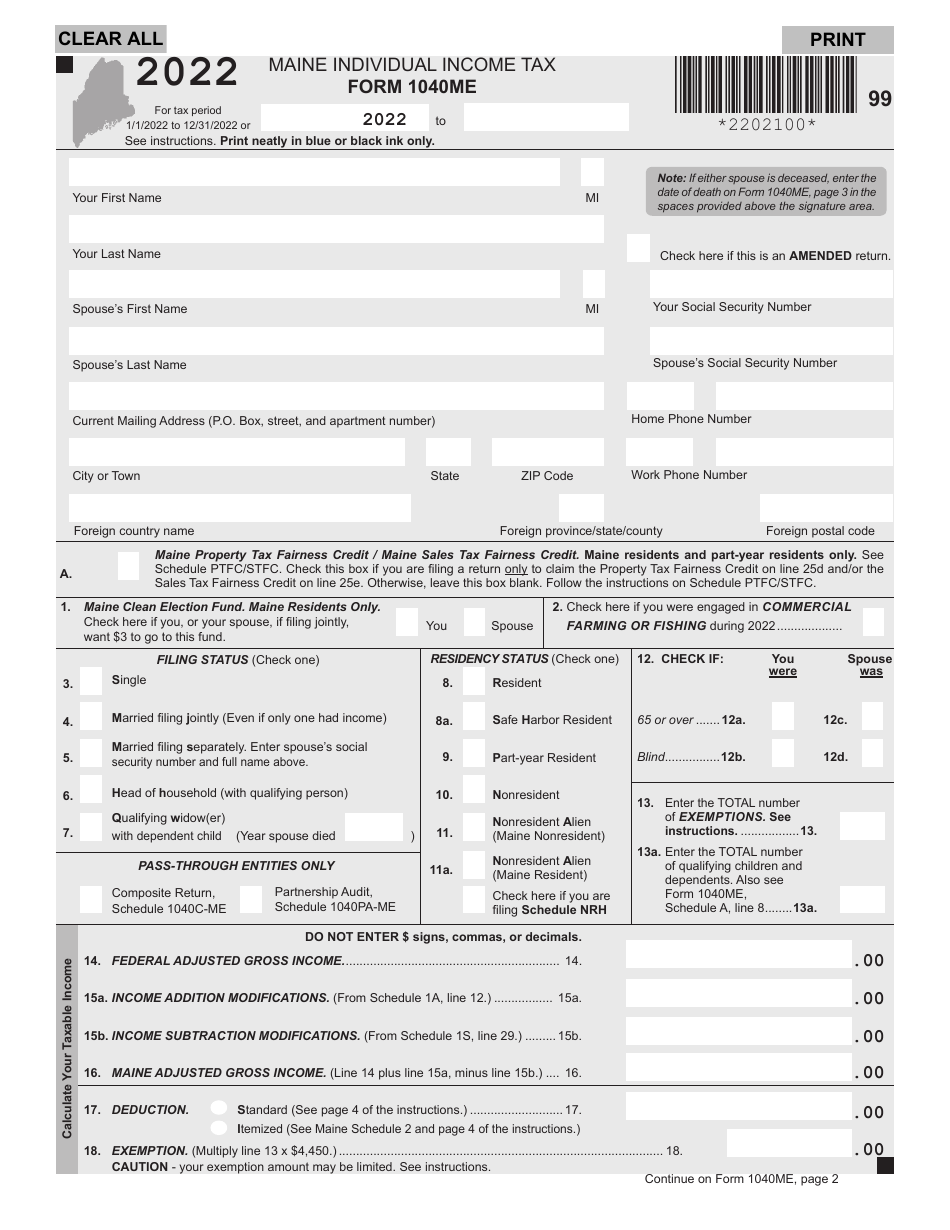 Form 1040ME Maine Individual Income Tax - Maine, Page 1