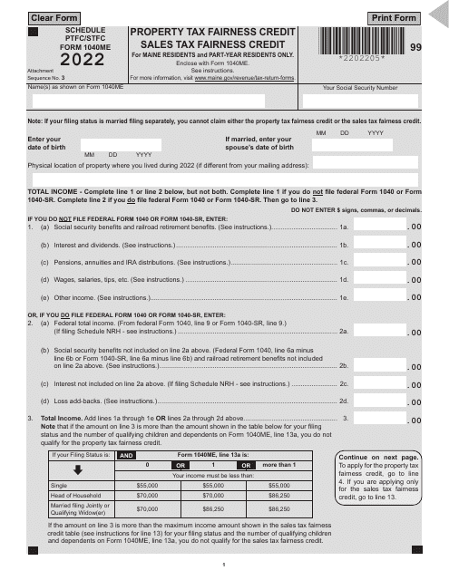 Form 1040ME Schedule PTFC/STFC 2022 Printable Pdf