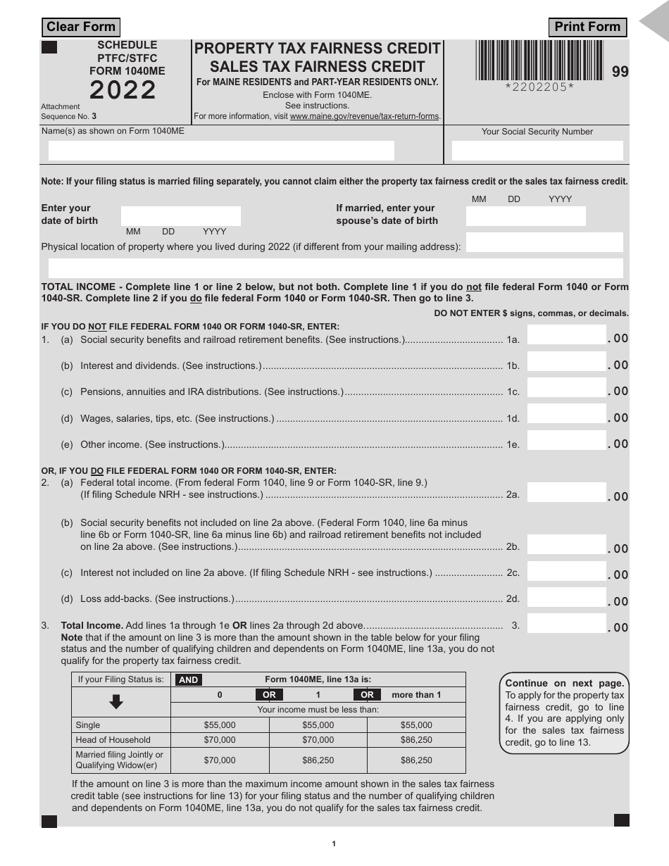 Form 1040ME Schedule PTFC/STFC Download Fillable PDF or Fill Online