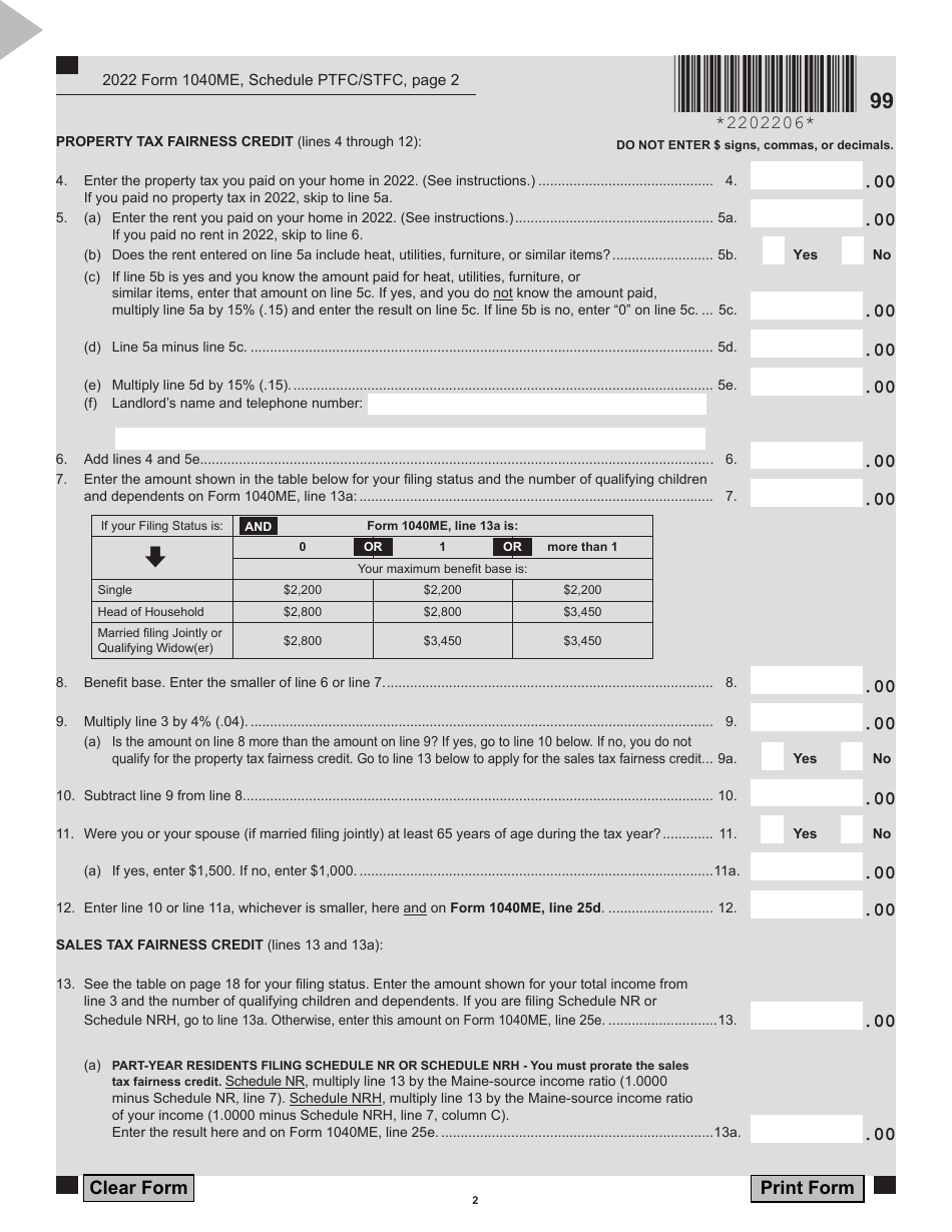 Form 1040ME Schedule PTFC / STFC Property Tax Fairness Credit Sales Tax Fairness Credit for Maine Residents and Part-Year Residents Only - Maine, Page 2