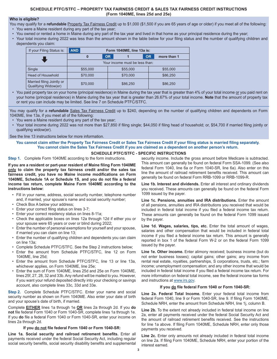 Form 1040ME Schedule PTFC / STFC Property Tax Fairness Credit Sales Tax Fairness Credit for Maine Residents and Part-Year Residents Only - Maine, Page 3