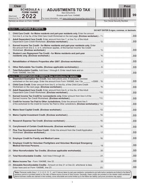 Form 1040ME Schedule A 2022 Printable Pdf