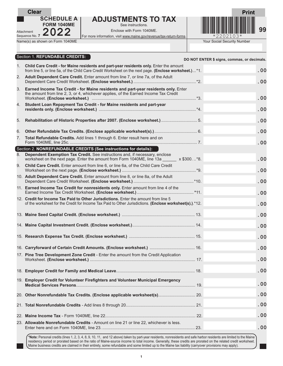 Form 1040ME Schedule A Adjustments to Tax - Maine, Page 1