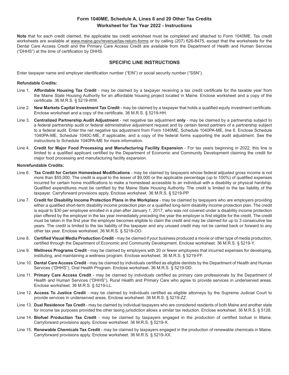 Form 1040ME Schedule A Other Tax Credits Worksheet - Maine, Page 2