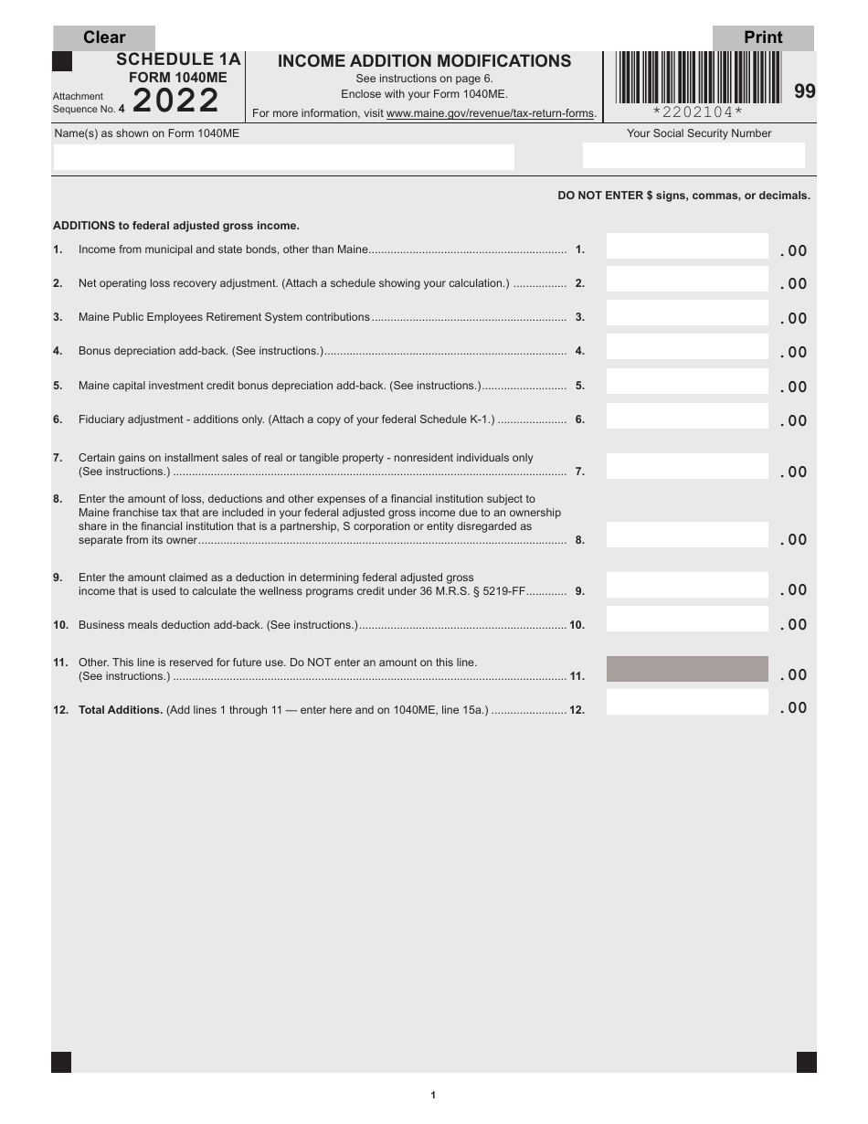 Form 1040ME Schedule 1A Income Addition Modifications - Maine, Page 1