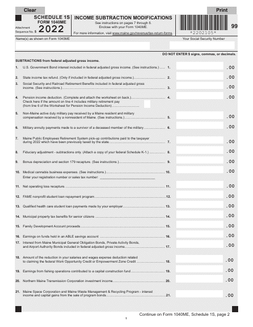 Form 1040ME Schedule 1S 2022 Printable Pdf