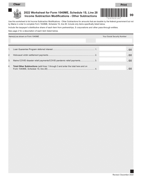 Form 1040ME Schedule 1S 2022 Printable Pdf