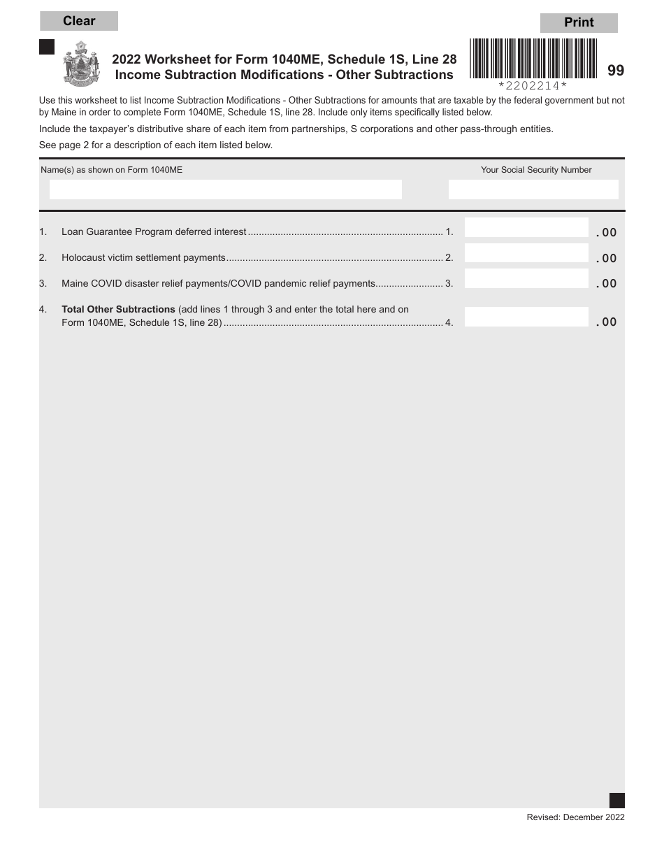 Form 1040ME Schedule 1S Income Subtraction Modifications - Other Subtractions - Maine, Page 1