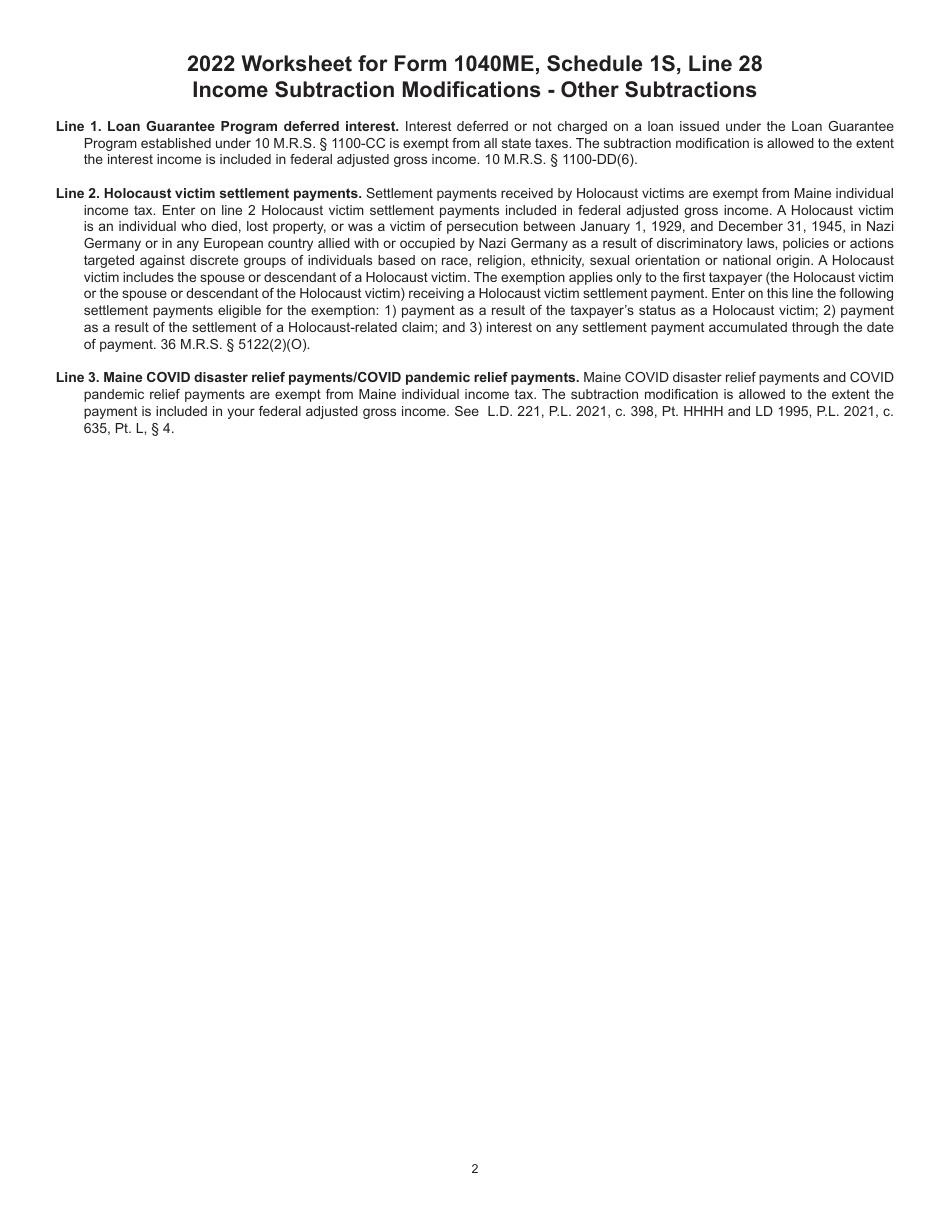 Form 1040ME Schedule 1S Income Subtraction Modifications - Other Subtractions - Maine, Page 2