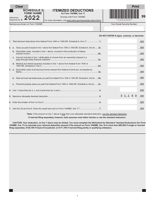 Form 1040ME Schedule 2 2022 Printable Pdf