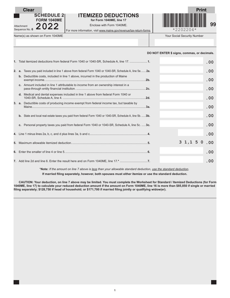 Form 1040ME Schedule 2 Itemized Deductions - Maine, Page 1