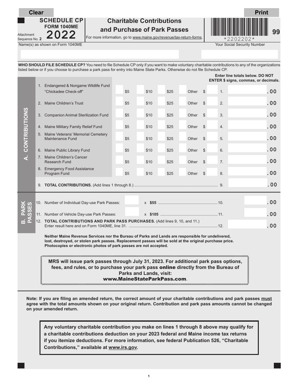 Form 1040ME Schedule CP Charitable Contributions and Purchase of Park Passes - Maine, Page 1