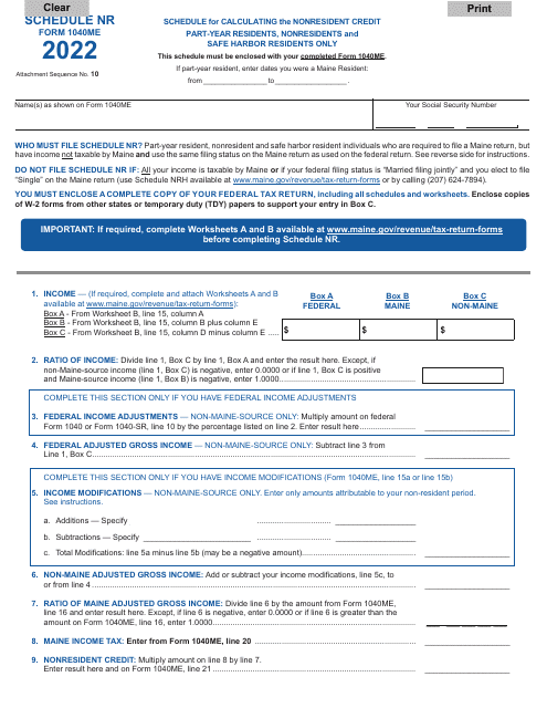 Form 1040ME Schedule NR 2022 Printable Pdf