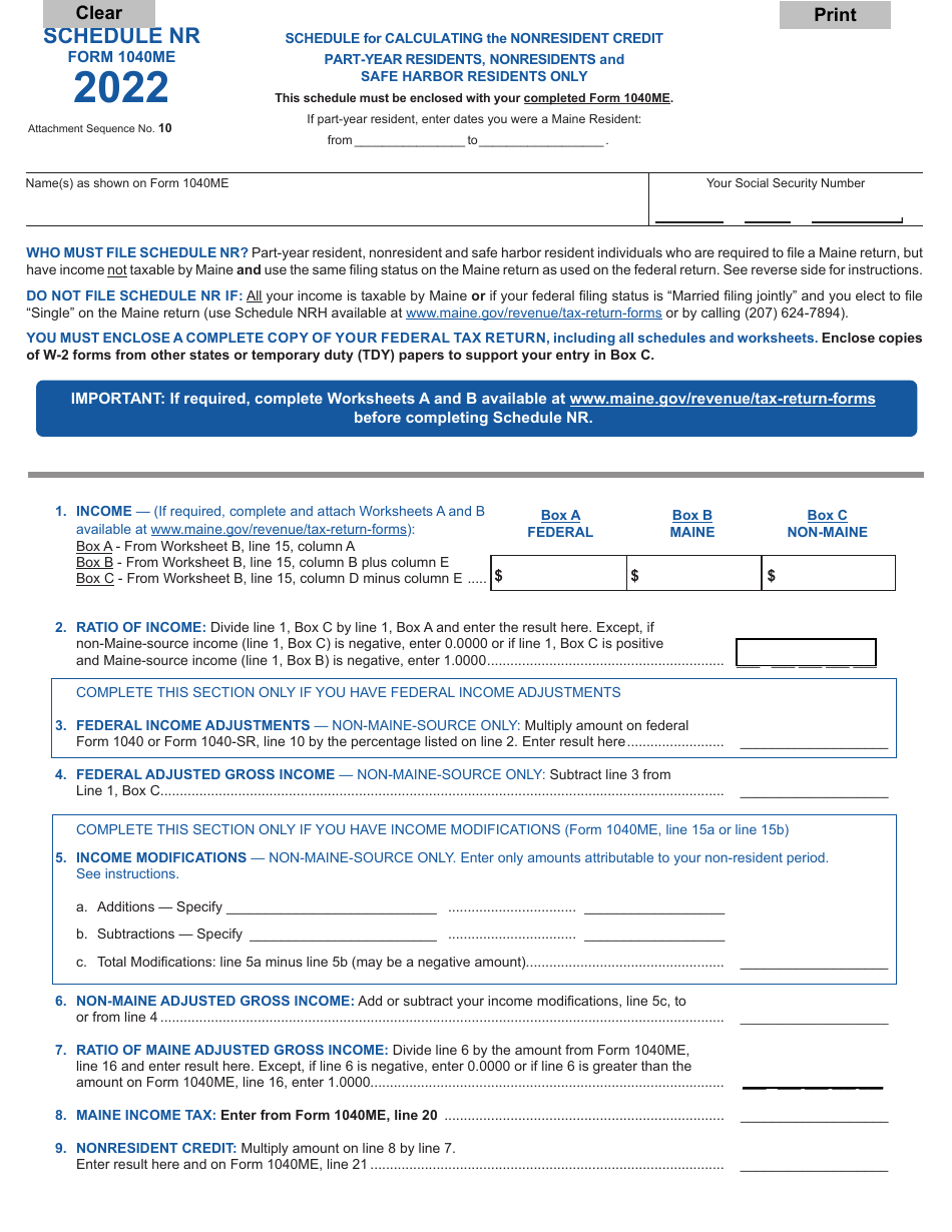Form 1040ME Schedule NR Schedule for Calculating the Nonresident Credit - Part-Year Residents, Nonresidents and Safe Harbor Residents Only - Maine, Page 1