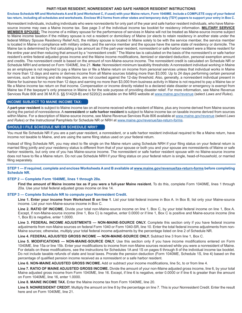 Form 1040ME Schedule NR Schedule for Calculating the Nonresident Credit - Part-Year Residents, Nonresidents and Safe Harbor Residents Only - Maine, Page 2
