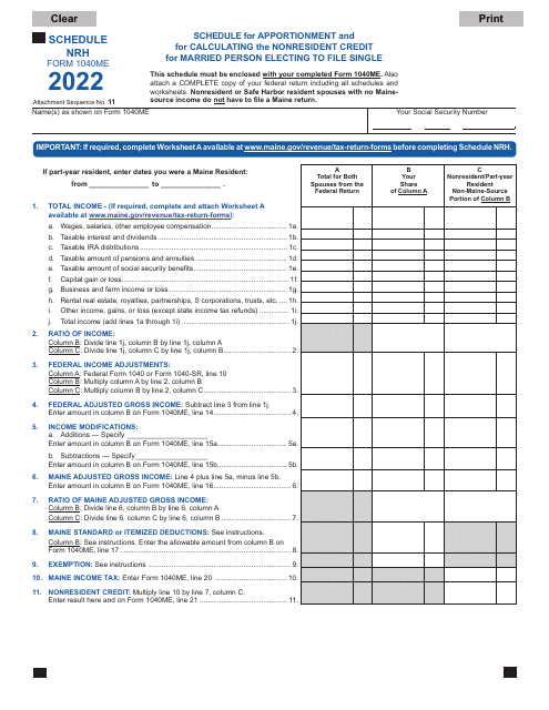 Form 1040ME Schedule NRH 2022 Printable Pdf