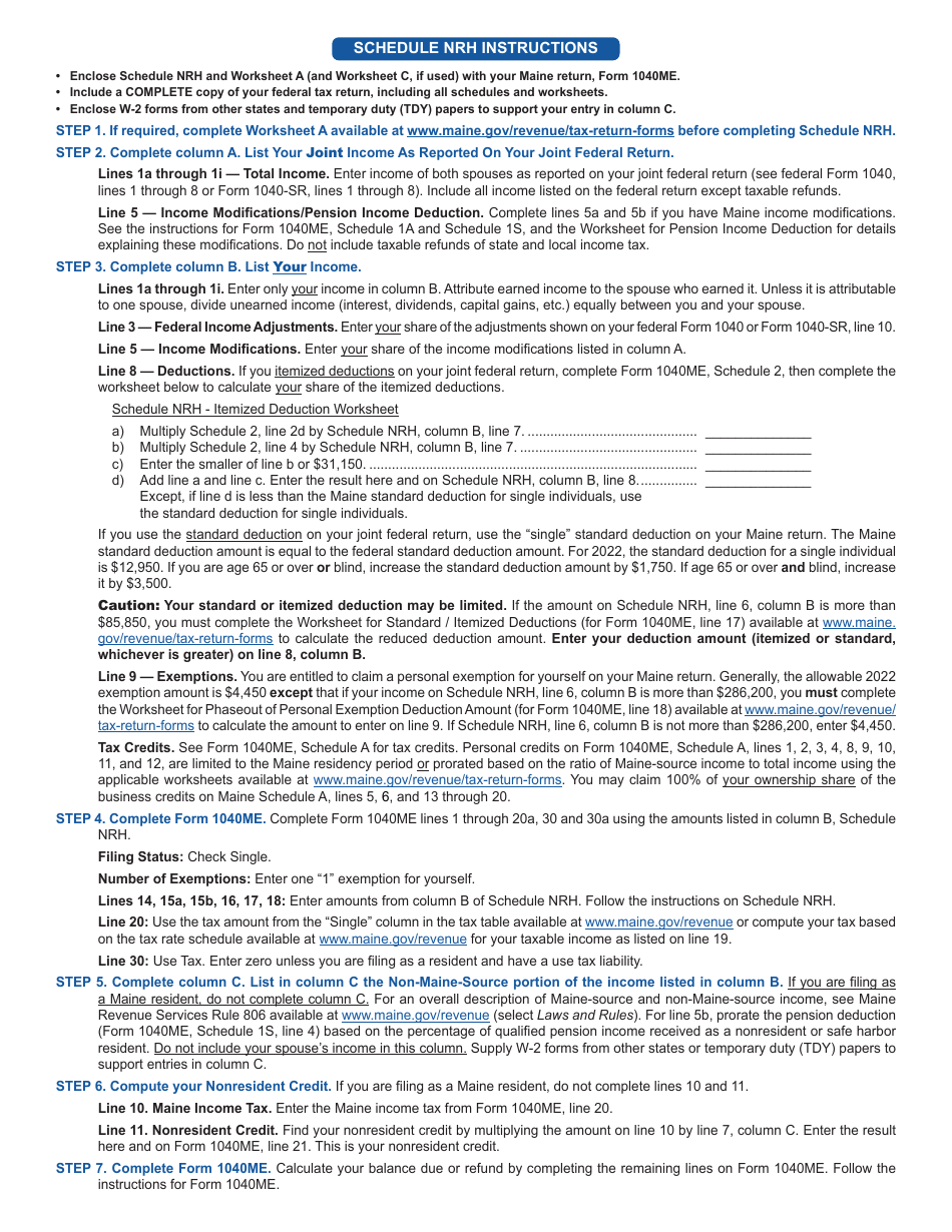 Form 1040ME Schedule NRH Schedule for Apportionment and for Calculating the Nonresident Credit for Married Person Electing to File Single - Maine, Page 2