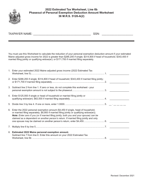 Phaseout of Personal Exemption Deduction Amount Worksheet - Maine Download Pdf