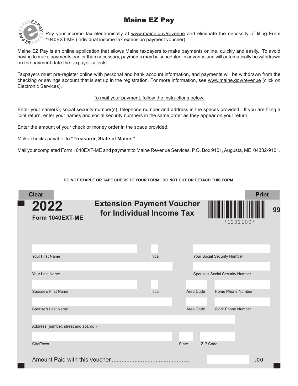 Form 1040EXT-ME Extension Payment Voucher for Individual Income Tax - Maine, Page 1